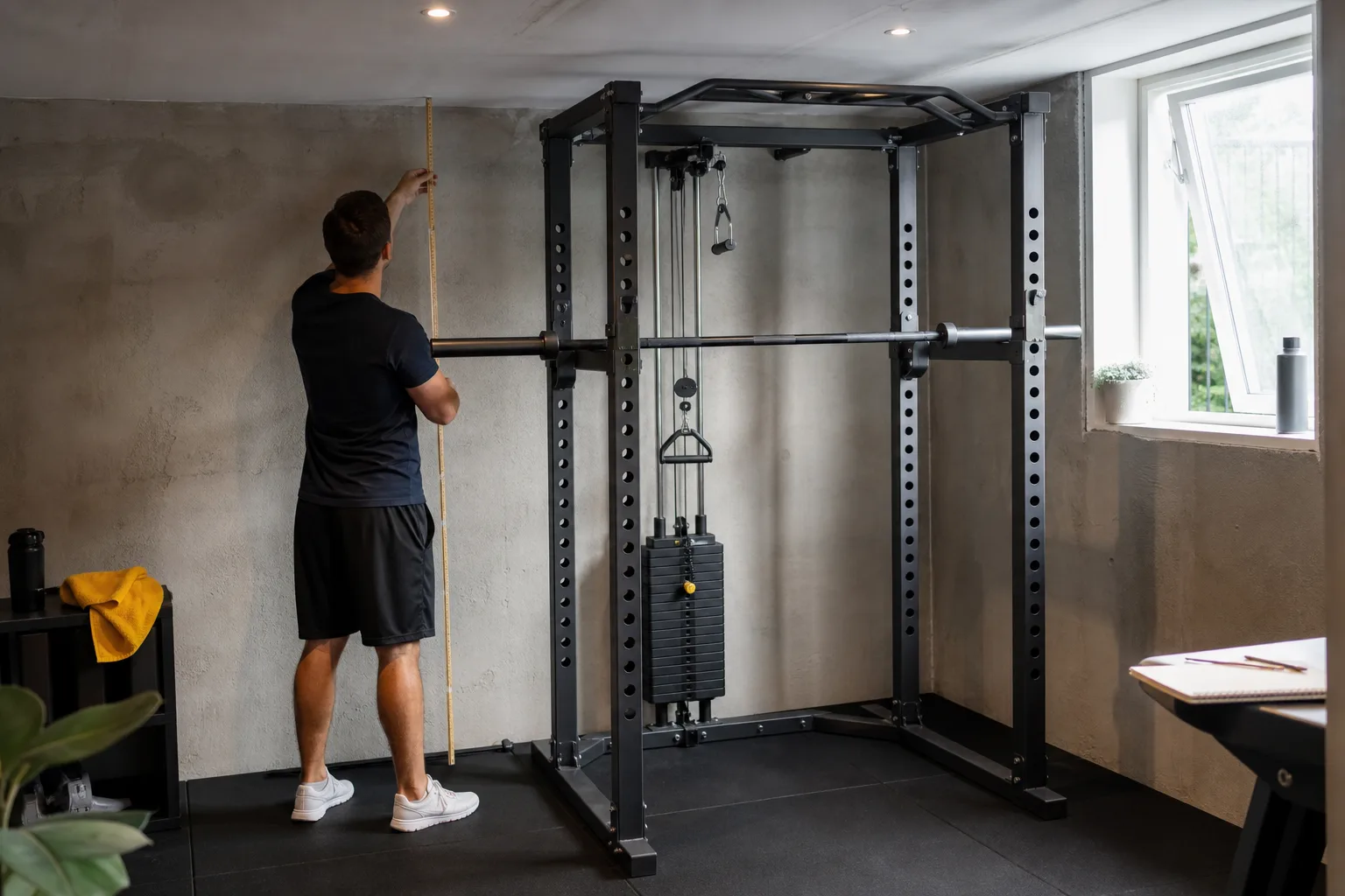 Power rack i ett hemmagym med skivstång på krokarna