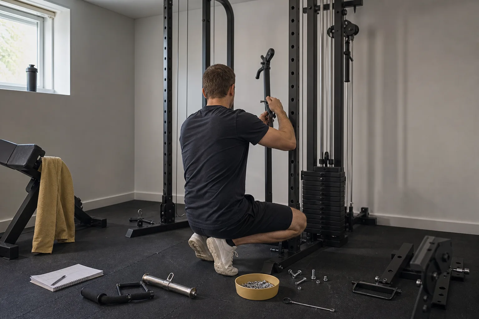 Delar och skruvar utlagda inför montering av ett multigym