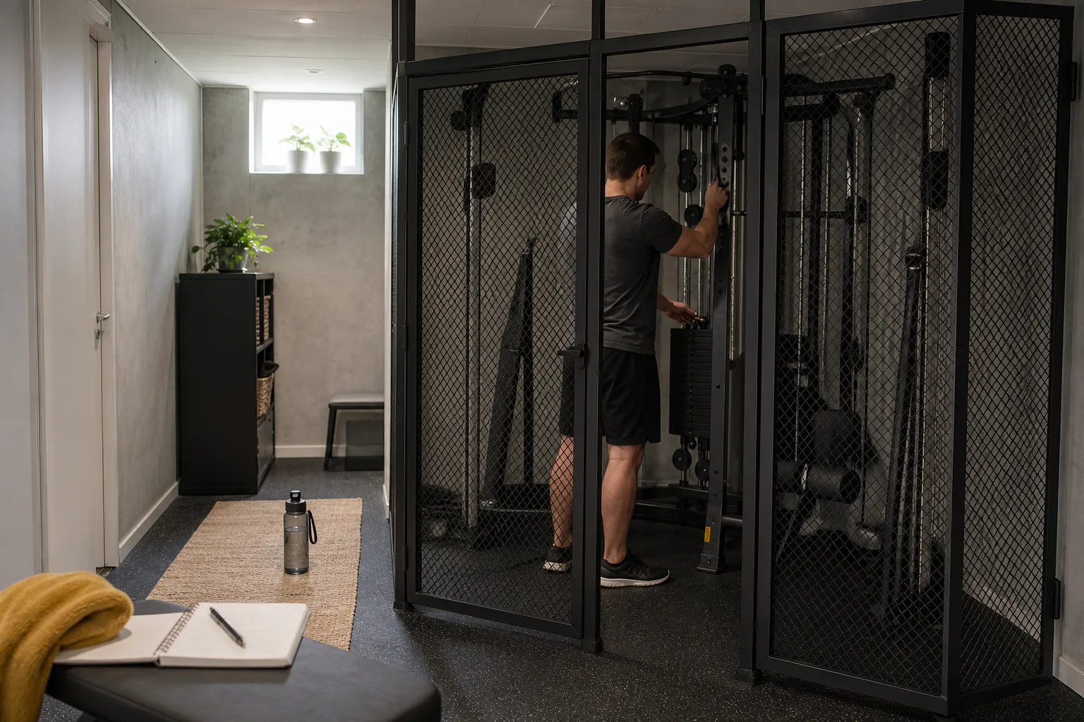 Avskilt träningsrum med fri golvyta kring ett multigym