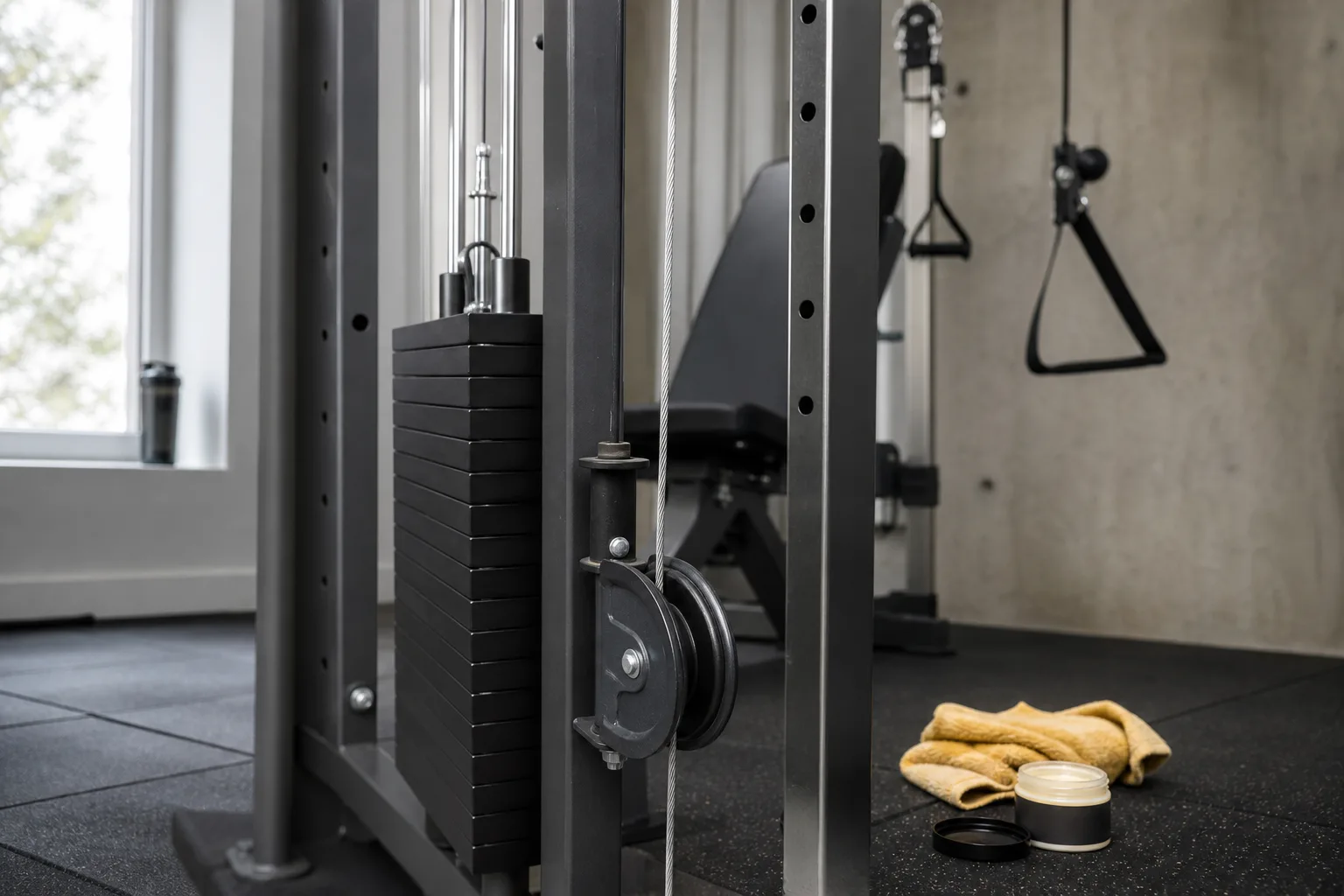 Vajer som löper genom en trissa på ett multigym