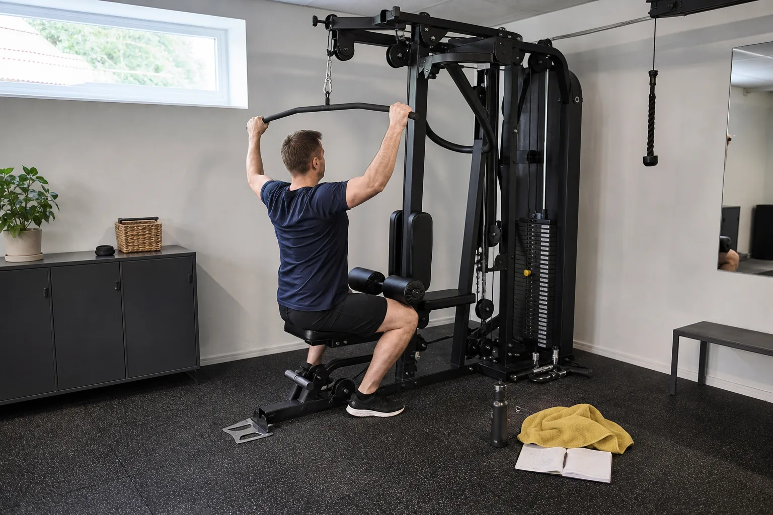 Multigym med viktmagasin, vajrar och handtag i ett hemmagym
