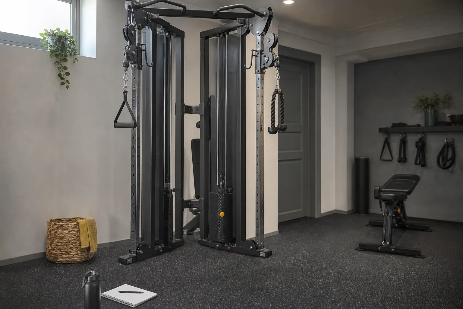 Två multigym med viktmagasin bredvid varandra i ett hemmagym