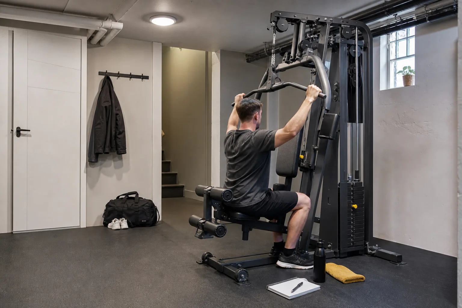 Multigym i ett hemmarum med anteckningar om gymavgift och inköpskostnad