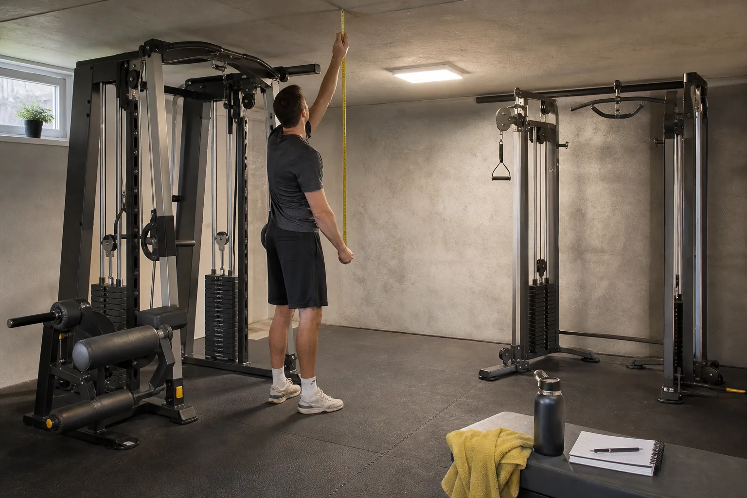 Sittande multigym och justerbar kabelstation i ett hemmagym