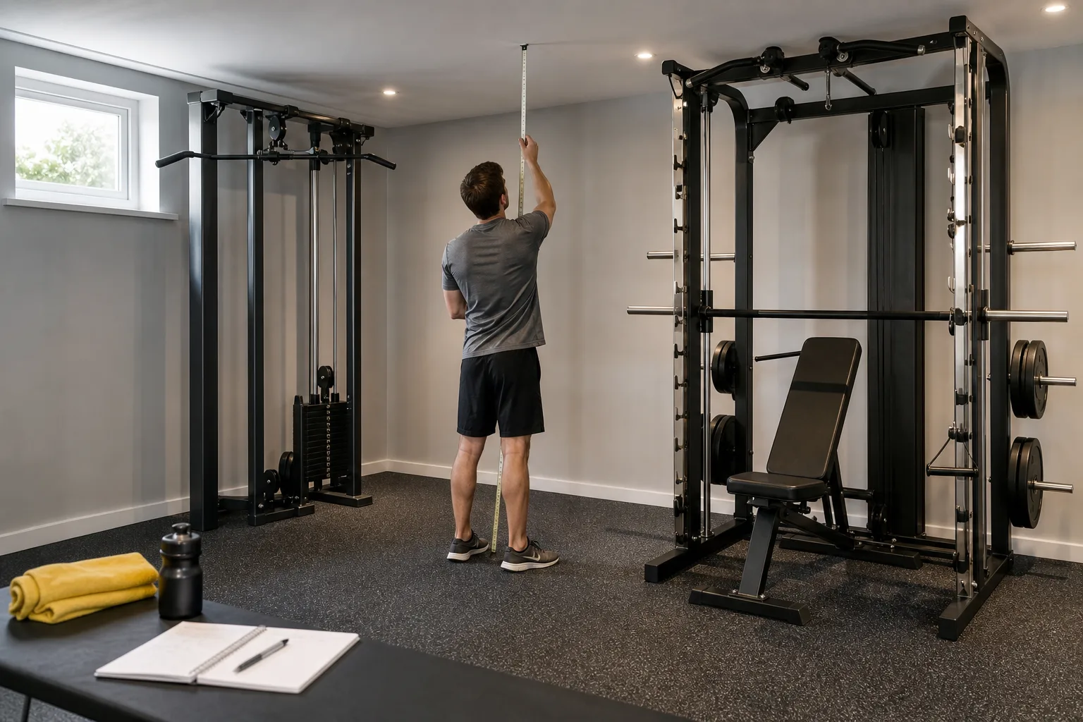 Multigym och smithmaskin i ett träningsrum med plats runt maskinerna