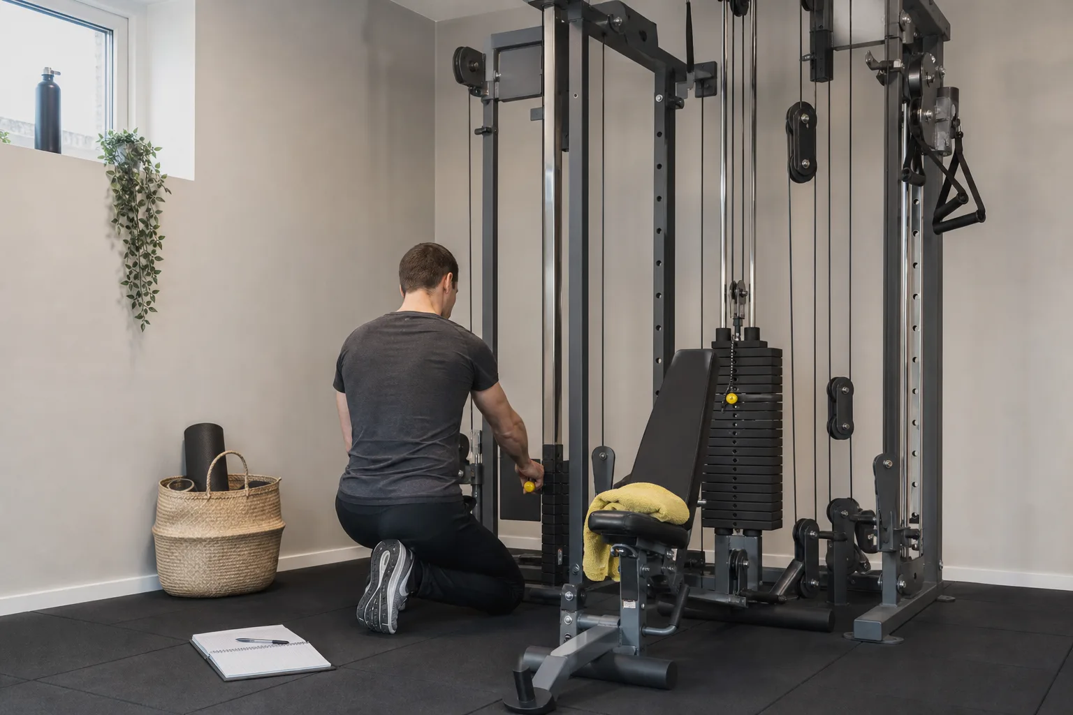 Multigym med viktmagasin, vajerdrag och sits i ett hemmagym