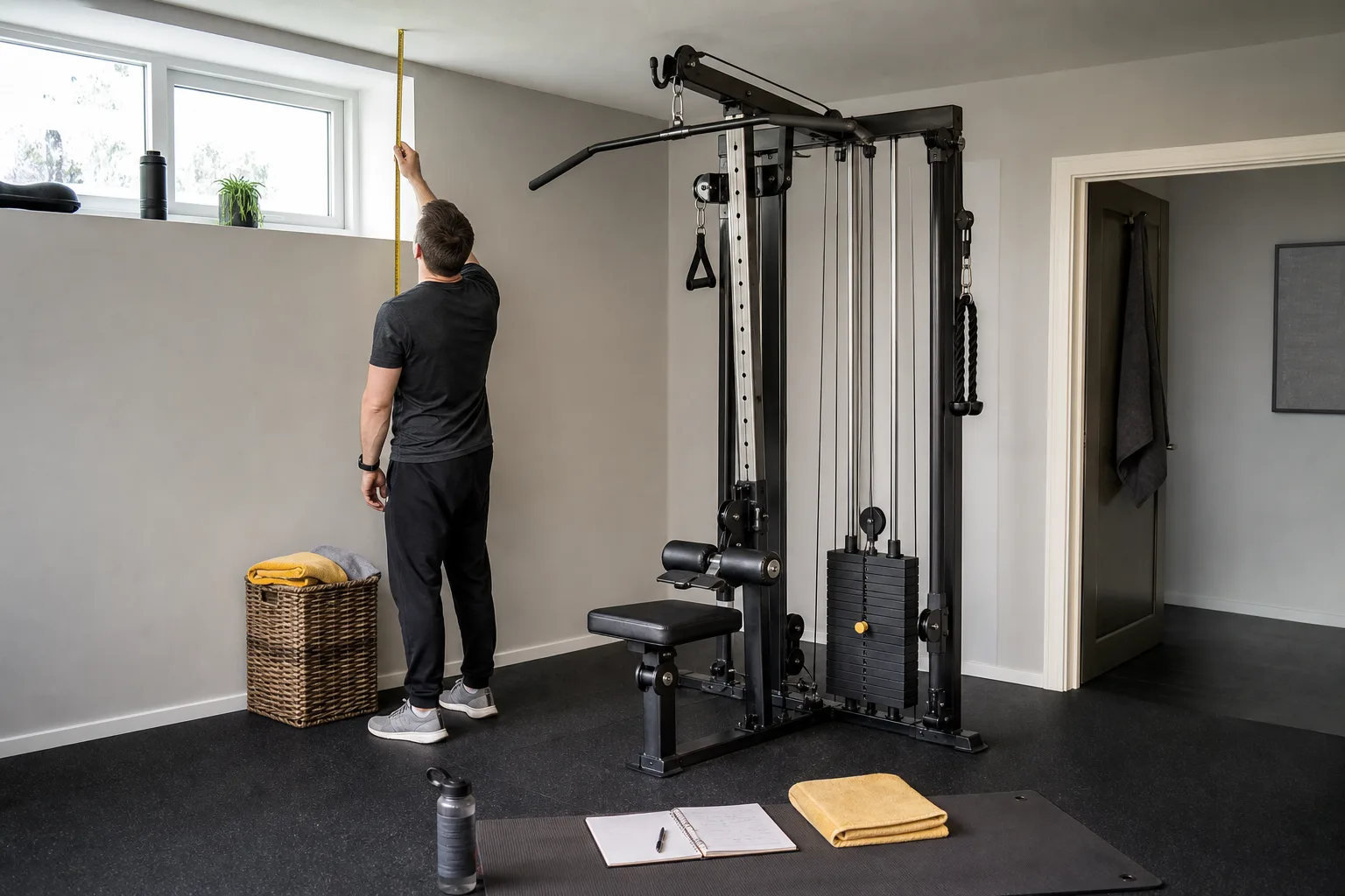 Multigym med kabeldrag och sits i ett hemmagym
