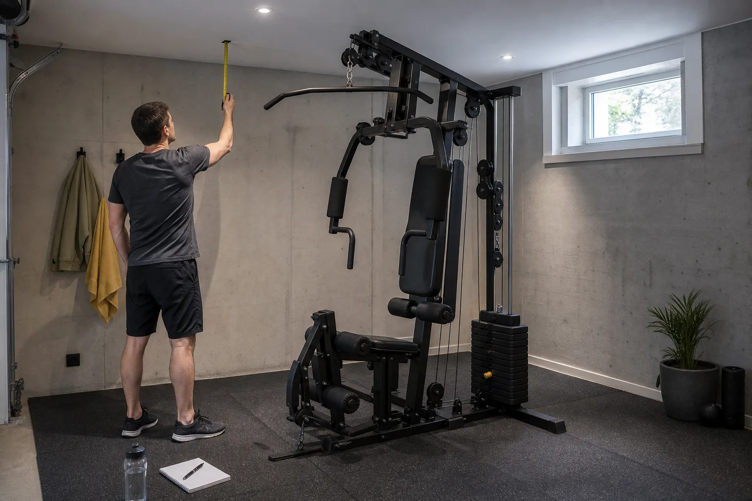 Multigym med viktmagasin, latsstång och sits i ett hemmagym