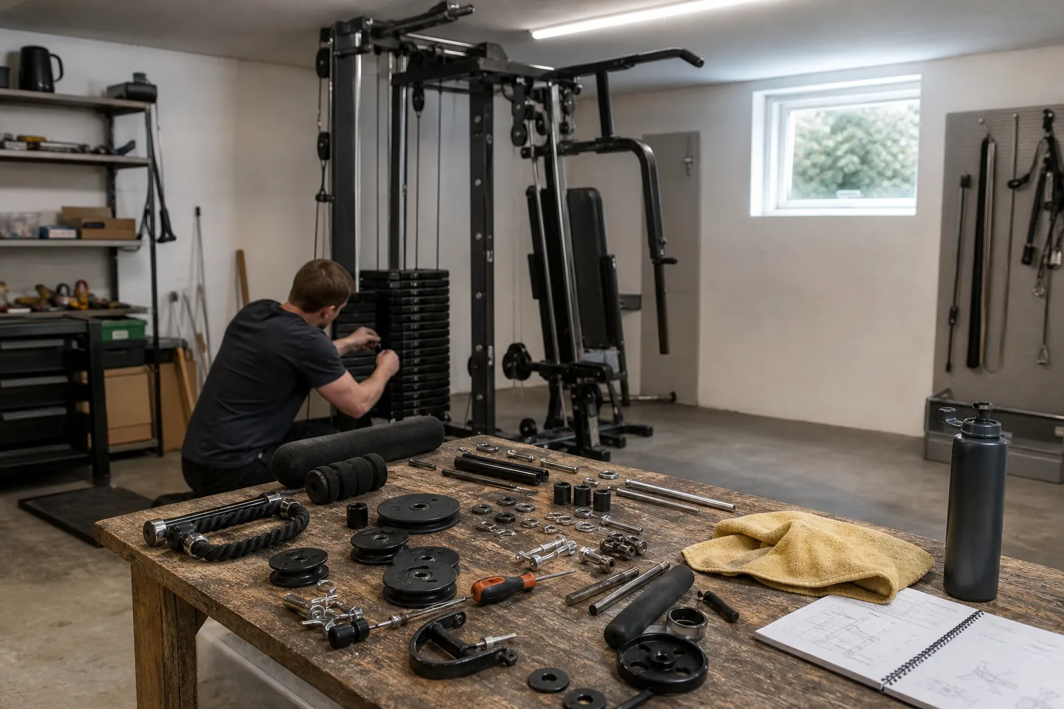 Äldre multigym med vajer, trissa och märkning att fotografera