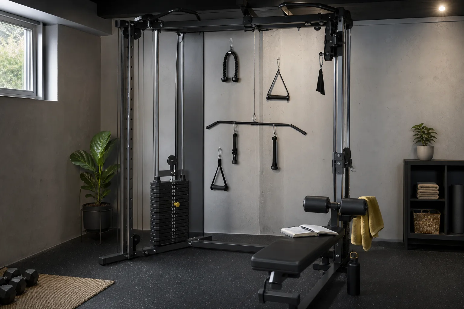 Multigym med hög dragpunkt, pressarmar och benrulle