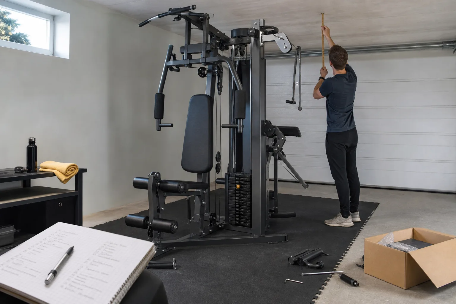 Enkelt hemmagym med multigym, gummimatta och några viktskivor