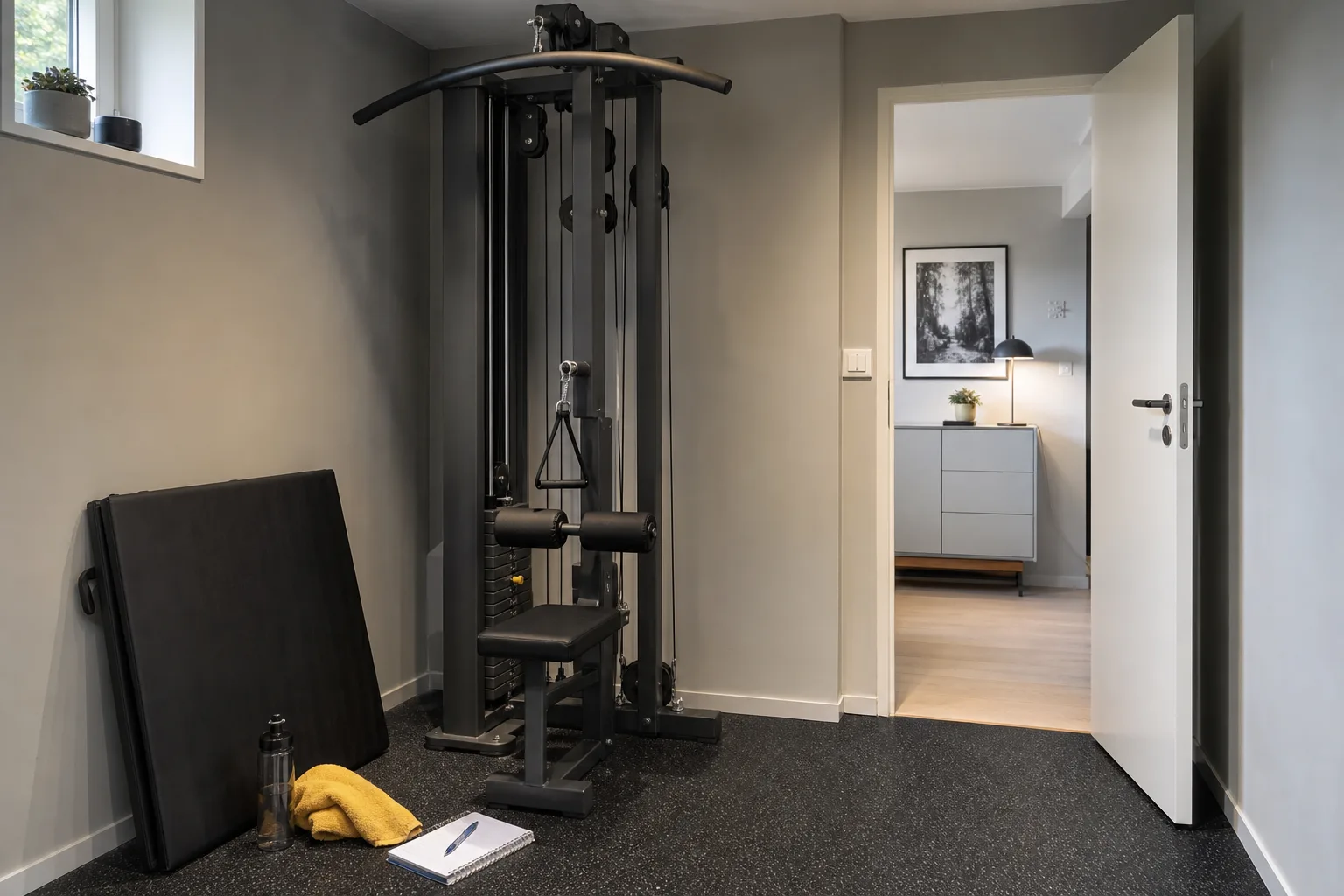 Multigym med viktmagasin placerat i hörnet av ett litet rum