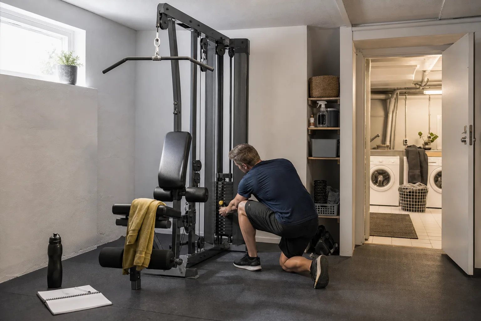 Multigym med viktmagasin uppställt längs väggen i ett hemmagym