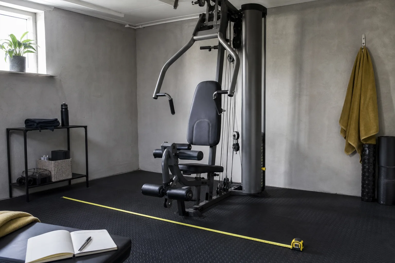 Träningshörna där bredd, djup och höjd mäts inför ett multigym